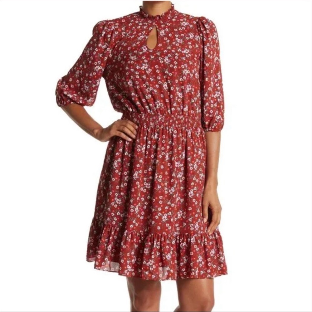 NANETTE LEPORE Flounce Hem Puff Sleeve Mockneck Picante Floral Multi Dress